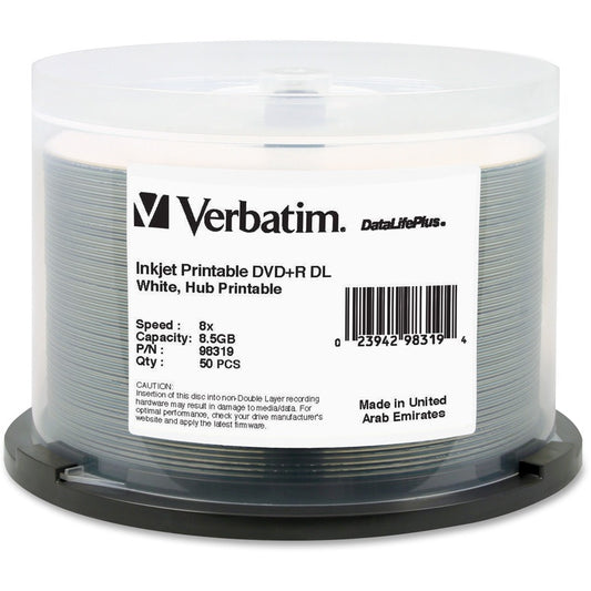 Verbatim DataLifePlus DVD Recordable Media - DVD+R DL - 8x - 8.50 GB - 50 Pack Spindle 98319