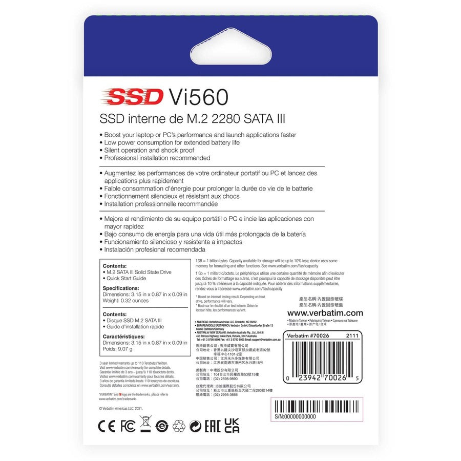 Verbatim Vi560 256 GB Solid State Drive - M.2 2280 Internal - SATA (SATA/600) 70026