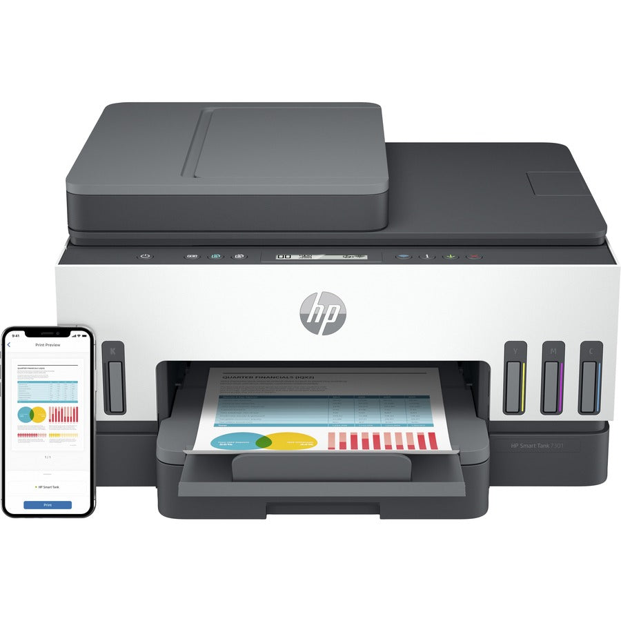 HP Smart Tank 7301 All-in-One Printer-Multifunction printer-color-ink-jet-refillable-Copier/Scanner-4800x1200 dpi Print-Automatic Duplex Print-5000 Pages-250 sheets Input-Color Flatbed Scanner-1200 dpi Optical Scan-Wireless LAN 28B70A#B1H