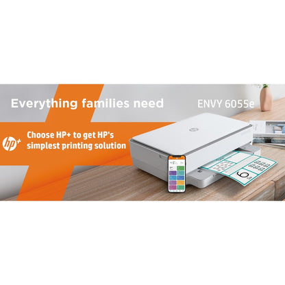 HP Envy 6055e Wireless Inkjet Multifunction Printer-Color-Copier/Scanner-4800x1200 Print-Automatic Duplex Print-1000 Pages Monthly-100 sheets Input-Color Scanner-1200 Optical Scan-Wireless LAN-HP Smart App-Apple AirPrint-Mopria 223N1A#B1H