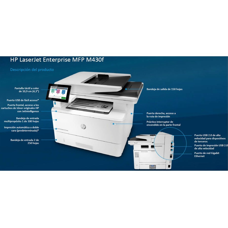 HP LaserJet M430f Laser Multifunction Printer-Monochrome-Copier/Fax/Scanner-42 ppm Mono Print-1200x1200 Print-Automatic Duplex Print-100000 Pages Monthly-350 sheets Input-Color Scanner-600 Optical Scan-Monochrome Fax-Gigabit Ethernet 3PZ55A#BGJ