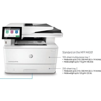 HP LaserJet M430f Laser Multifunction Printer-Monochrome-Copier/Fax/Scanner-42 ppm Mono Print-1200x1200 Print-Automatic Duplex Print-100000 Pages Monthly-350 sheets Input-Color Scanner-600 Optical Scan-Monochrome Fax-Gigabit Ethernet 3PZ55A#BGJ