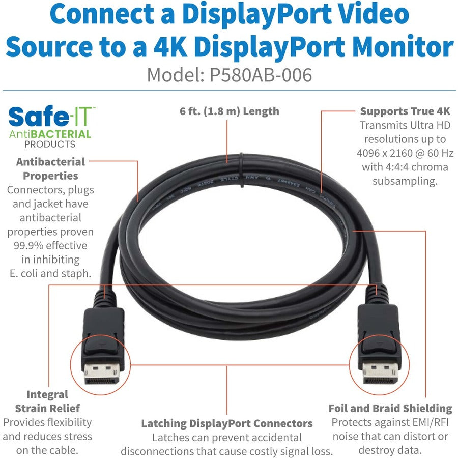 Tripp Lite P580AB-006 High-Speed DisplayPort Antibacterial Cable, M/M, Black, 6 ft. P580AB-006