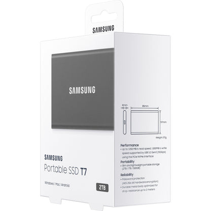 Samsung T7 MU-PC2T0T/AM 2 TB Portable Solid State Drive - External - PCI Express NVMe - Titan Gray MU-PC2T0T/AM