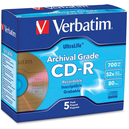 Verbatim CD-R 700MB 52X UltraLife Gold Archival Grade with Branded Surface and Hard Coat - 5pk Jewel Case 96319