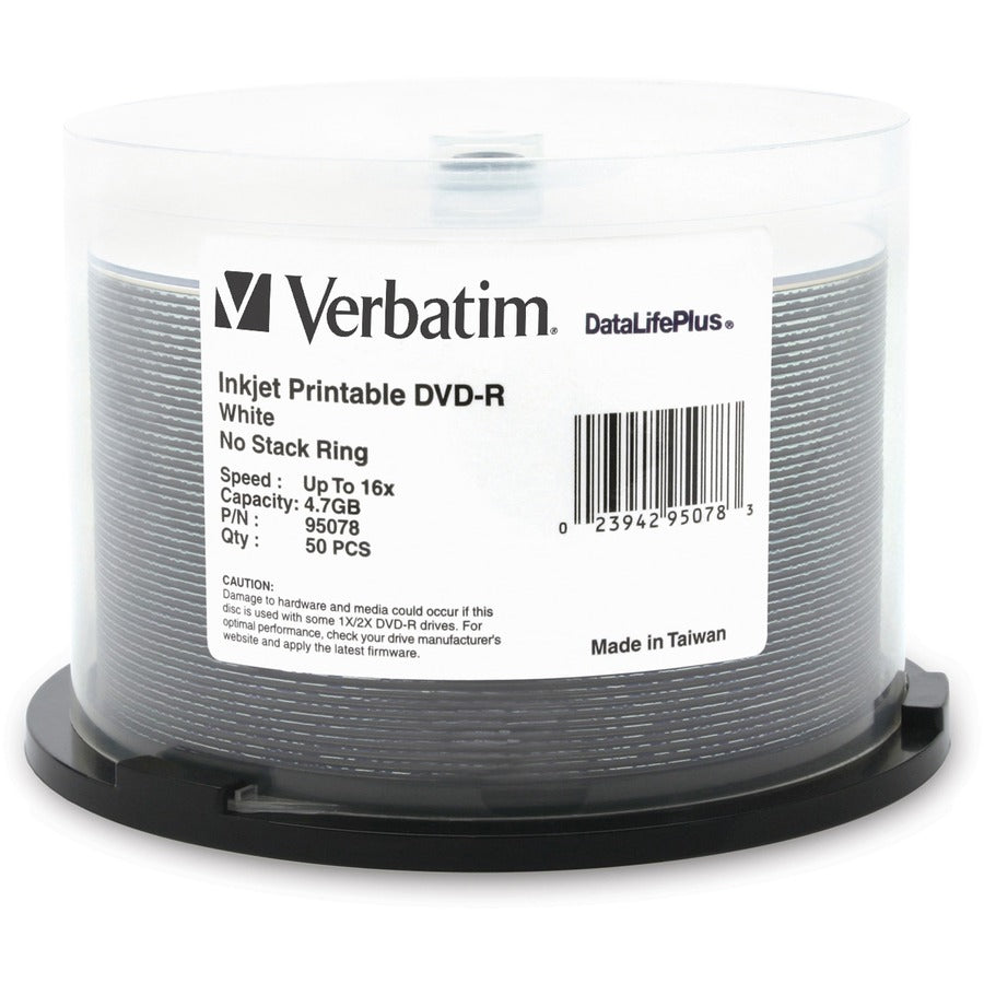 Verbatim DVD-R 4.7GB 16X DataLifePlus White Inkjet Printable - 50pk Spindle 95078