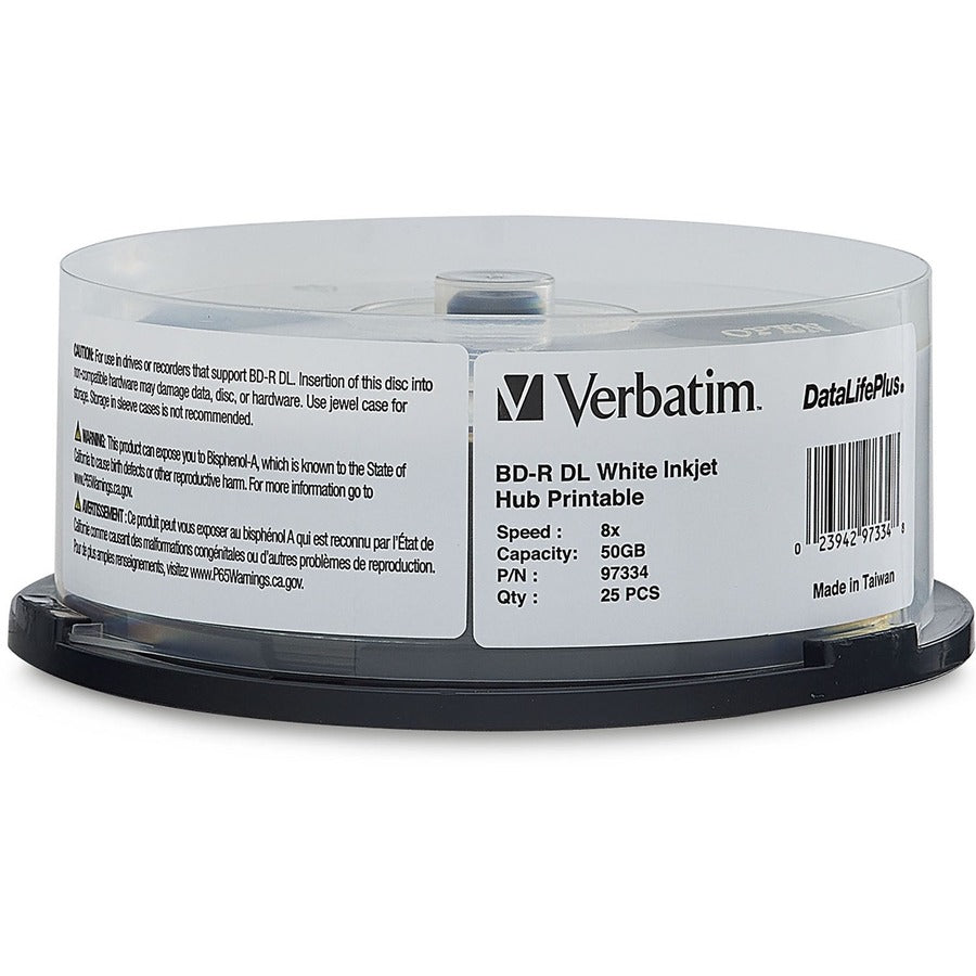 Verbatim BD-R DL 50GB 8X, White Label, DataLife+, White InkJet Hub Printable, 25PK Spindle 97334