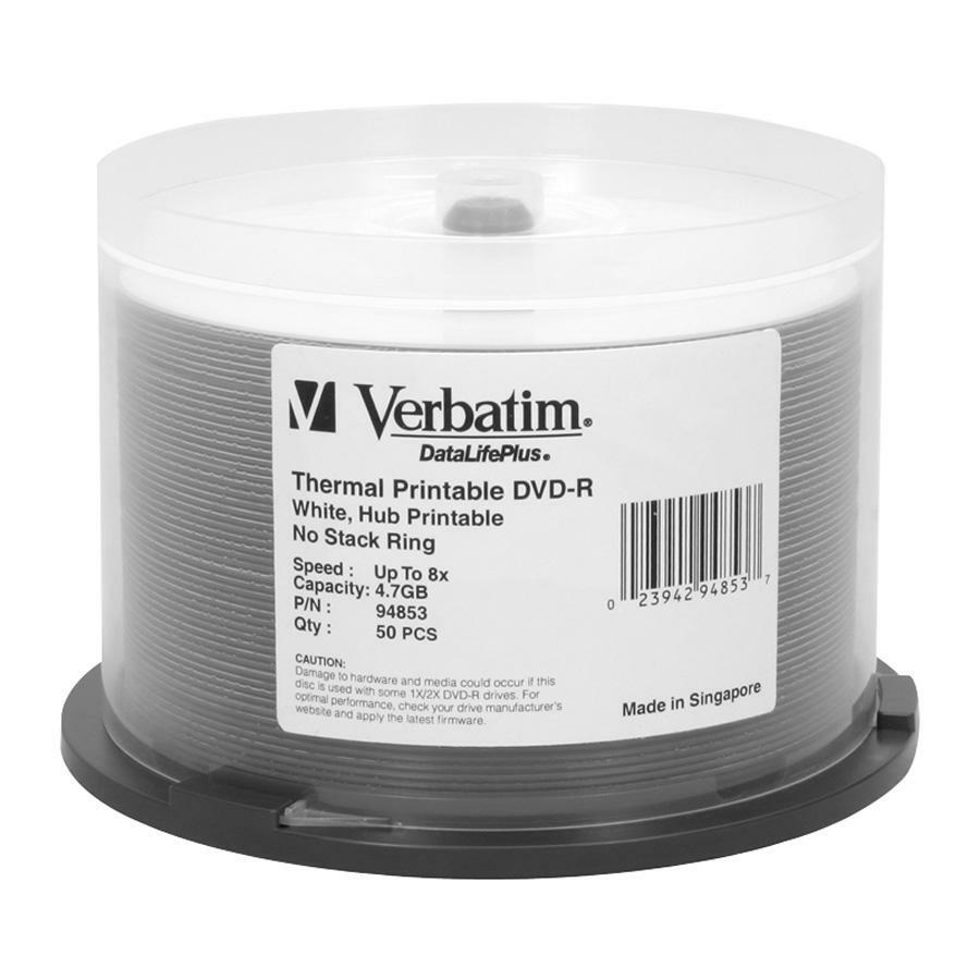 Verbatim DVD-R 4.7GB 8X DataLifePlus White Thermal Printable, Hub Printable - 50pk Spindle 94853