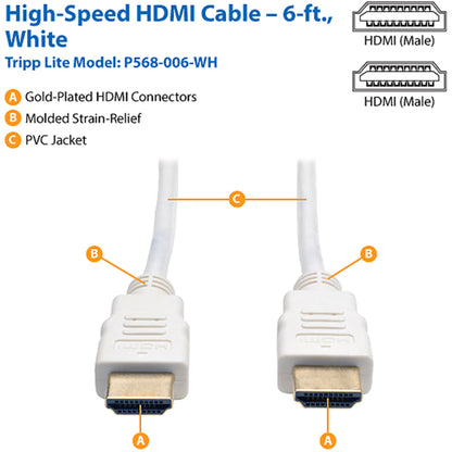 Tripp Lite 6ft High Speed HDMI Cable Digital Video with Audio 4K x 2K M/M White 6' P568-006-WH