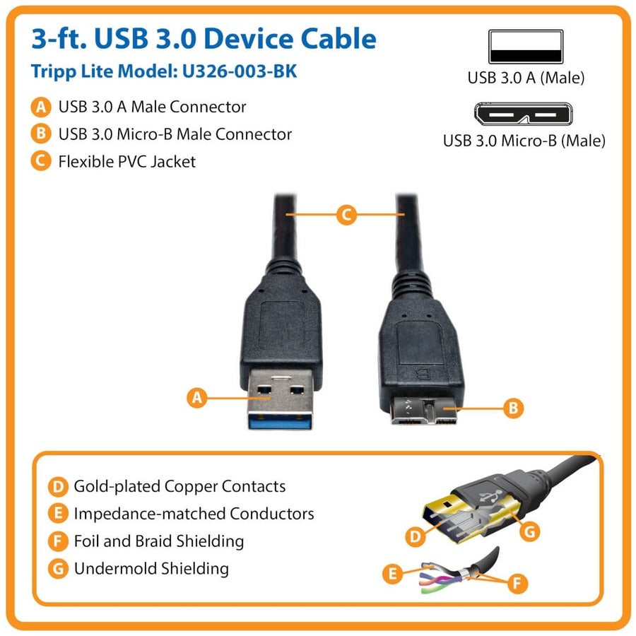 Tripp Lite by Eaton USB 3.0 SuperSpeed Device Cable (A to Micro-B M/M) Black, 3-ft. U326-003-BK