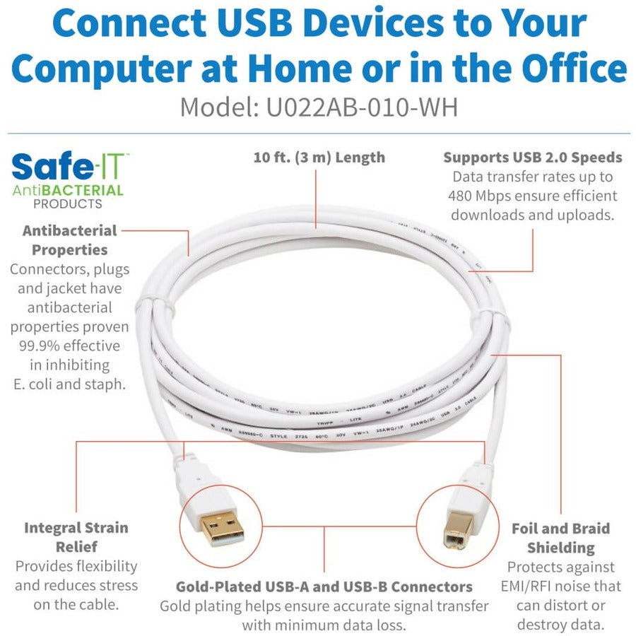 Tripp Lite Safe-IT USB-A to USB-B Antibacterial Cable (M/M), USB 2.0, White, 10 ft. U022AB-010-WH