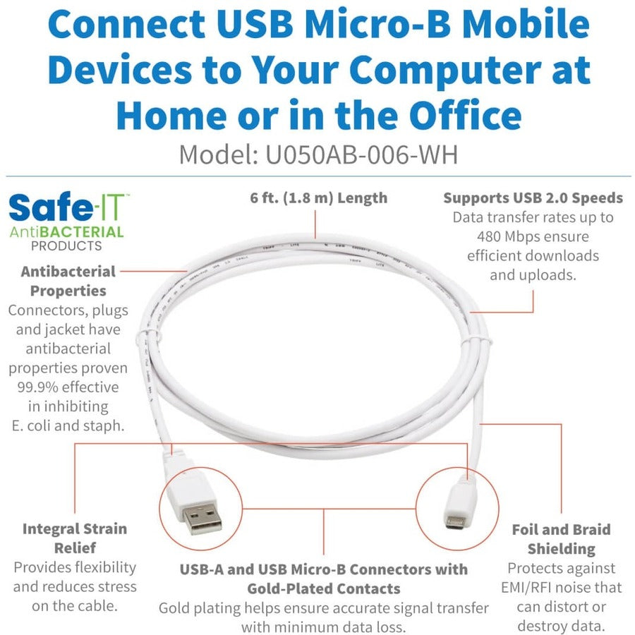 Tripp Lite Safe-IT USB-A to USB Micro-B Antibacterial Cable (M/M), USB 2.0, White, 6 ft. U050AB-006-WH