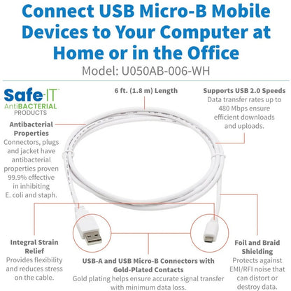 Tripp Lite Safe-IT USB-A to USB Micro-B Antibacterial Cable (M/M), USB 2.0, White, 6 ft. U050AB-006-WH