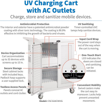 Tripp Lite by Eaton CSC32ACWHG Hospital-Grade 32-Device UV Charging Cart, White CSC32ACWHG