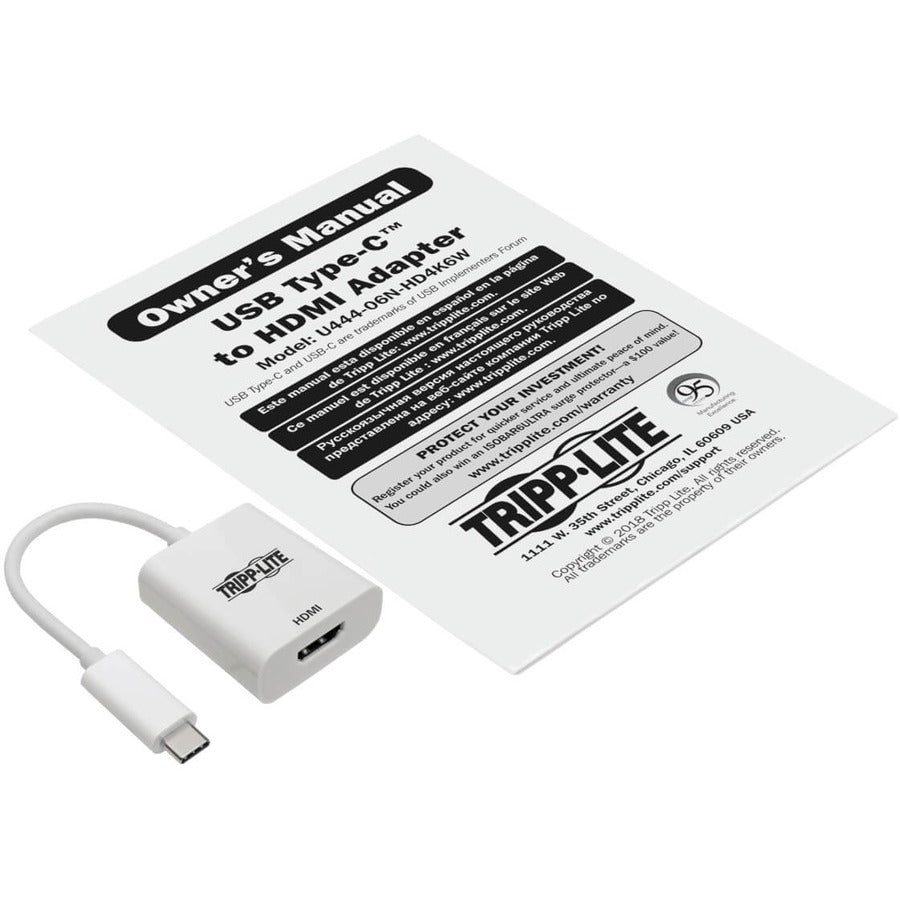 Tripp Lite by Eaton USB-C 3.1 to HDMI 4K Adapter, M/F, Thunderbolt 3 Compatible, 4K @ 60 Hz, White U444-06N-HD4K6W