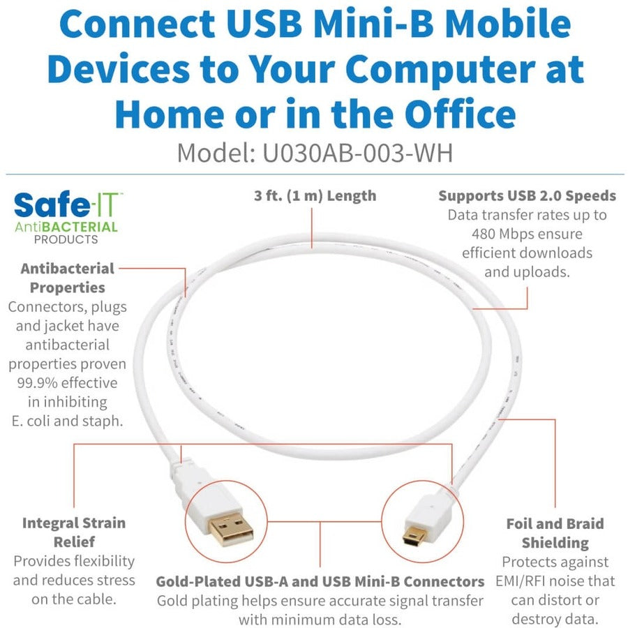 Tripp Lite Safe-IT USB-A to USB Mini-B Antibacterial Cable (M/M), USB 2.0, White, 3 ft. U030AB-003-WH