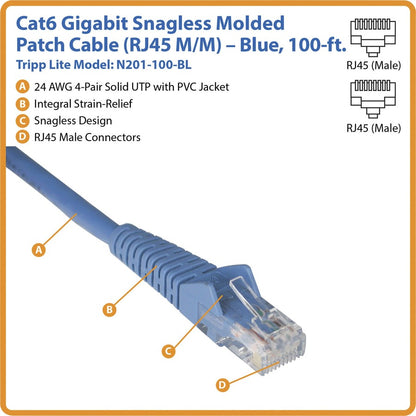 Tripp Lite by Eaton 100-ft. (30.5 m) Cat6 Blue Gigabit Patch Cord Snagless Molded N201-100-BL