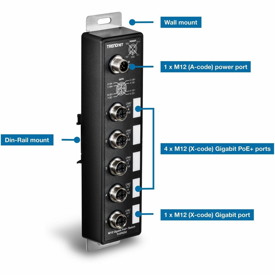 TRENDnet 5-Port Industrial EN50155 M12 Gigabit PoE+ Railway Switch TI-XPG50