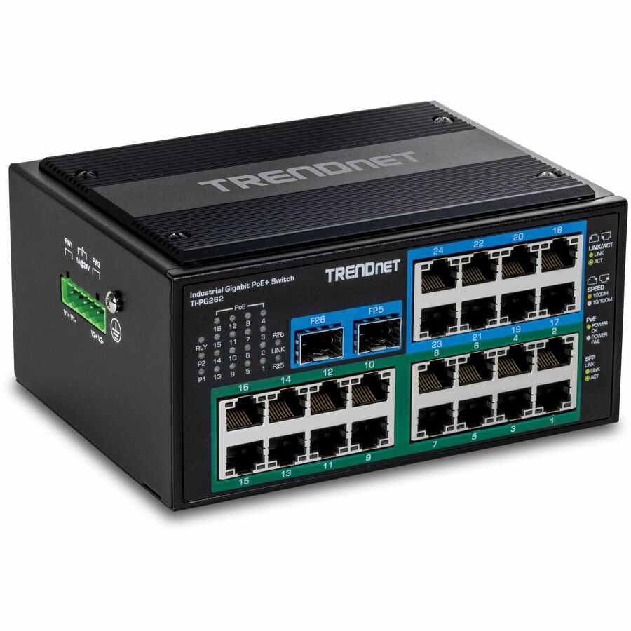 TRENDnet 26-Port Hardened Industrial Gigabit PoE+ DIN-Rail Switch TI-PG262