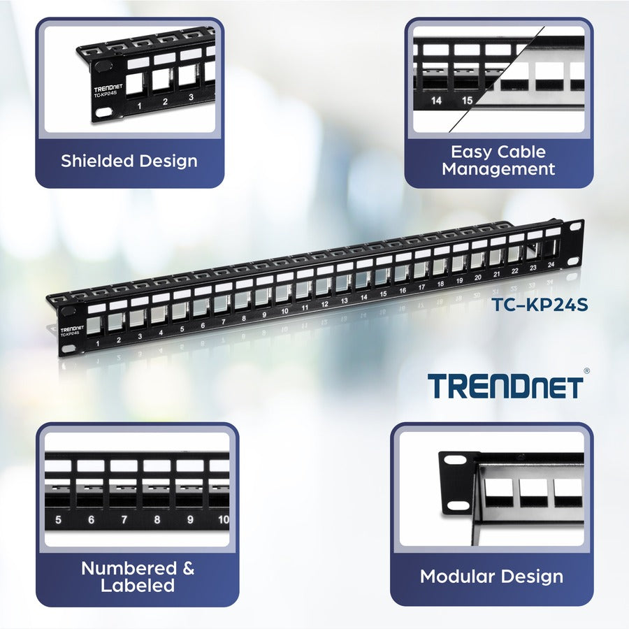 TRENDnet 24-Port Blank Keystone Shielded 1U Patch Panel, 1U 19" Rackmount Housing, Protects Against EMI/RFI Noise, Recommended With TC-K06C6A Cat6A Keystone Jacks (Sold Separately), Black, TC-KP24S TC-KP24S