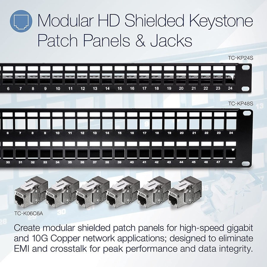 TRENDnet 24-Port Blank Keystone Shielded 1U Patch Panel, 1U 19" Rackmount Housing, Protects Against EMI/RFI Noise, Recommended With TC-K06C6A Cat6A Keystone Jacks (Sold Separately), Black, TC-KP24S TC-KP24S