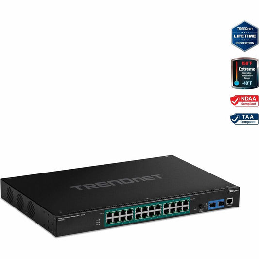 TRENDnet 26-Port Industrial Gigabit L2 Managed PoE+ Switch; TI-RP262i; 1U 19? Rackmount; 24 x Gigabit PoE+ Ports; 2 x SFP Slots (100/1000Base-FX); IP30; VLAN; QoS; 685W PoE Power Budget; Fanless TI-RP262I