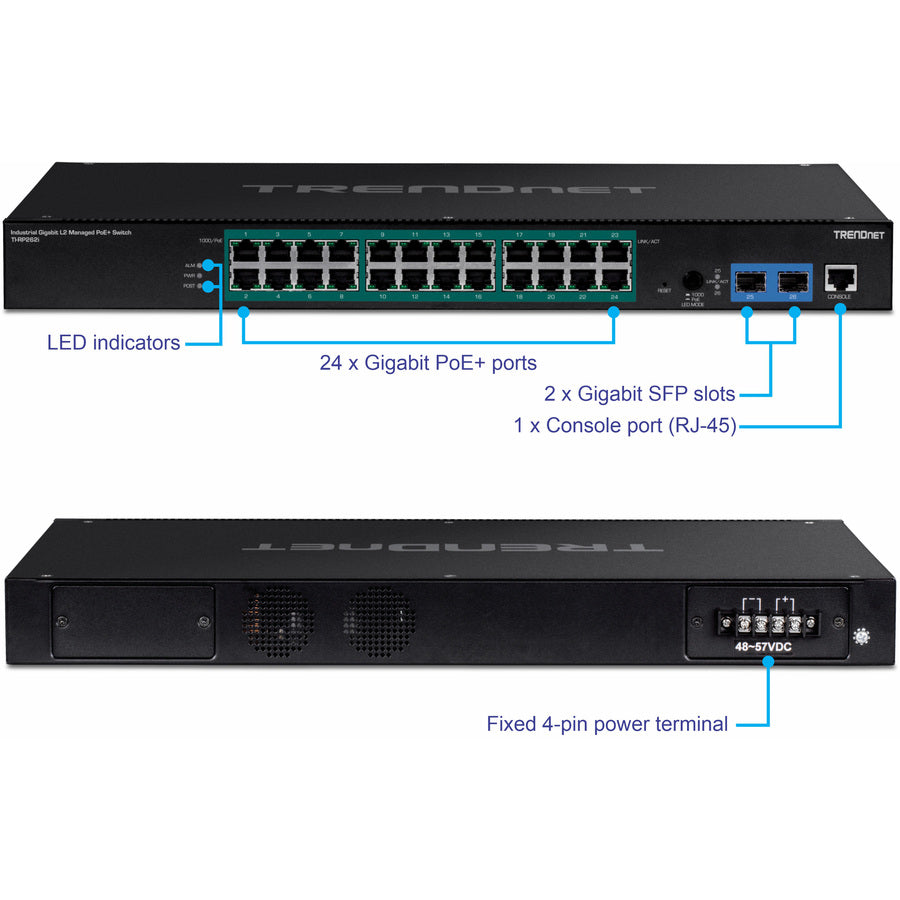 TRENDnet 26-Port Industrial Gigabit L2 Managed PoE+ Switch; TI-RP262i; 1U 19? Rackmount; 24 x Gigabit PoE+ Ports; 2 x SFP Slots (100/1000Base-FX); IP30; VLAN; QoS; 685W PoE Power Budget; Fanless TI-RP262I