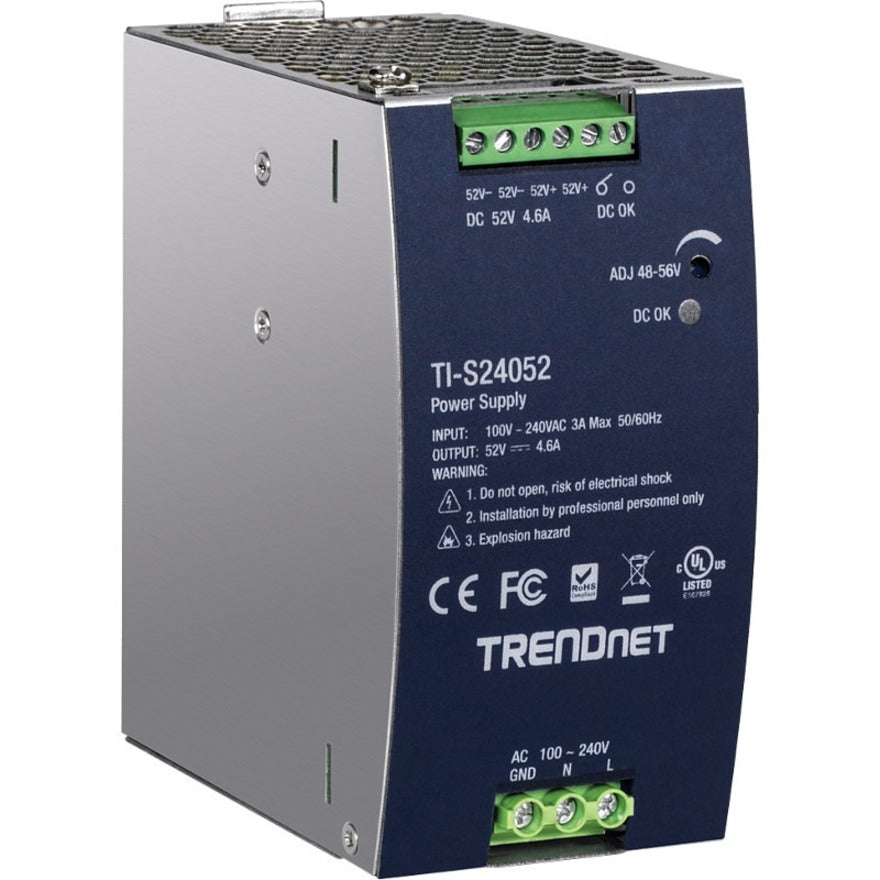 TRENDnet 240W 52V DC, 4.61A AC to DC DIN-Rail Industrial Power Supply, Built-In Power Factor Controller Function, Extreme Operating Temperature Range -25&deg; - 70&deg; C (-13&deg; - 158&deg; F), Silver, TI-S24052 TI-S24052