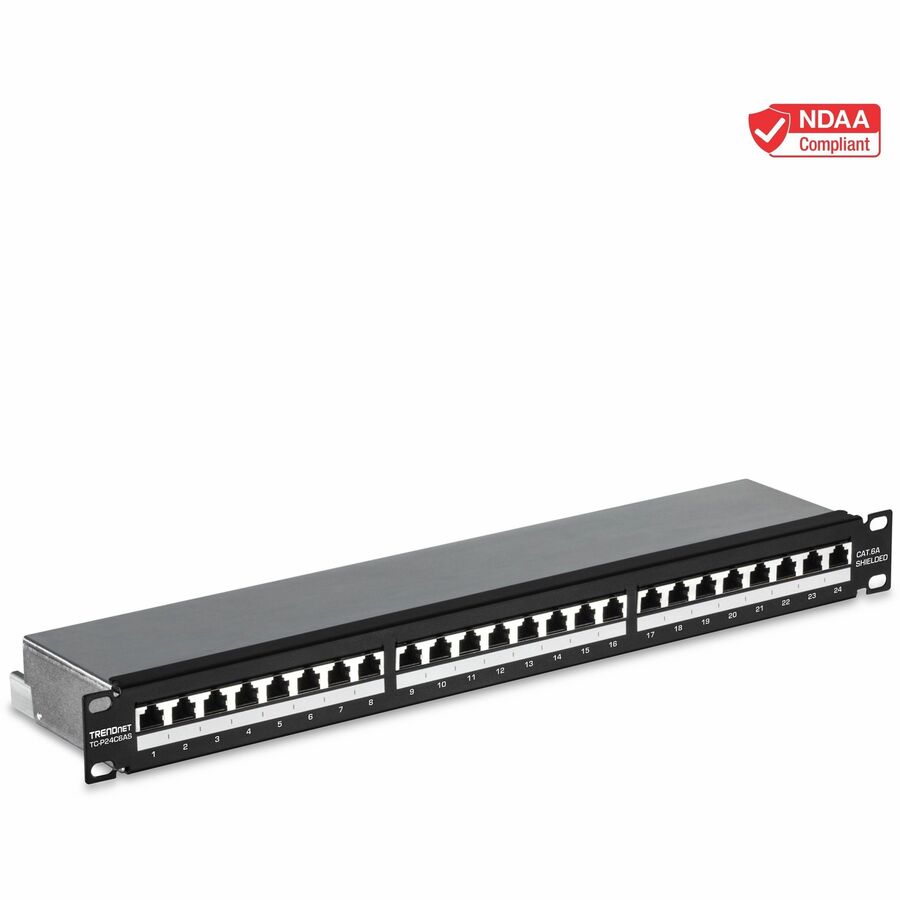 TRENDnet 24-Port Cat6A Shielded 1U Patch Panel, 19" 1U Rackmount Housing, Compatible With Cat5e, Cat6, And Cat6A Cabling, Ethernet Cable Management, Color Coded Labeling, Black, TC-P24C6AS TC-P24C6AS