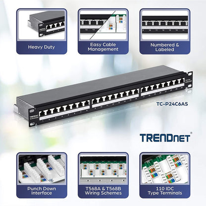 TRENDnet 24-Port Cat6A Shielded 1U Patch Panel, 19" 1U Rackmount Housing, Compatible With Cat5e, Cat6, And Cat6A Cabling, Ethernet Cable Management, Color Coded Labeling, Black, TC-P24C6AS TC-P24C6AS