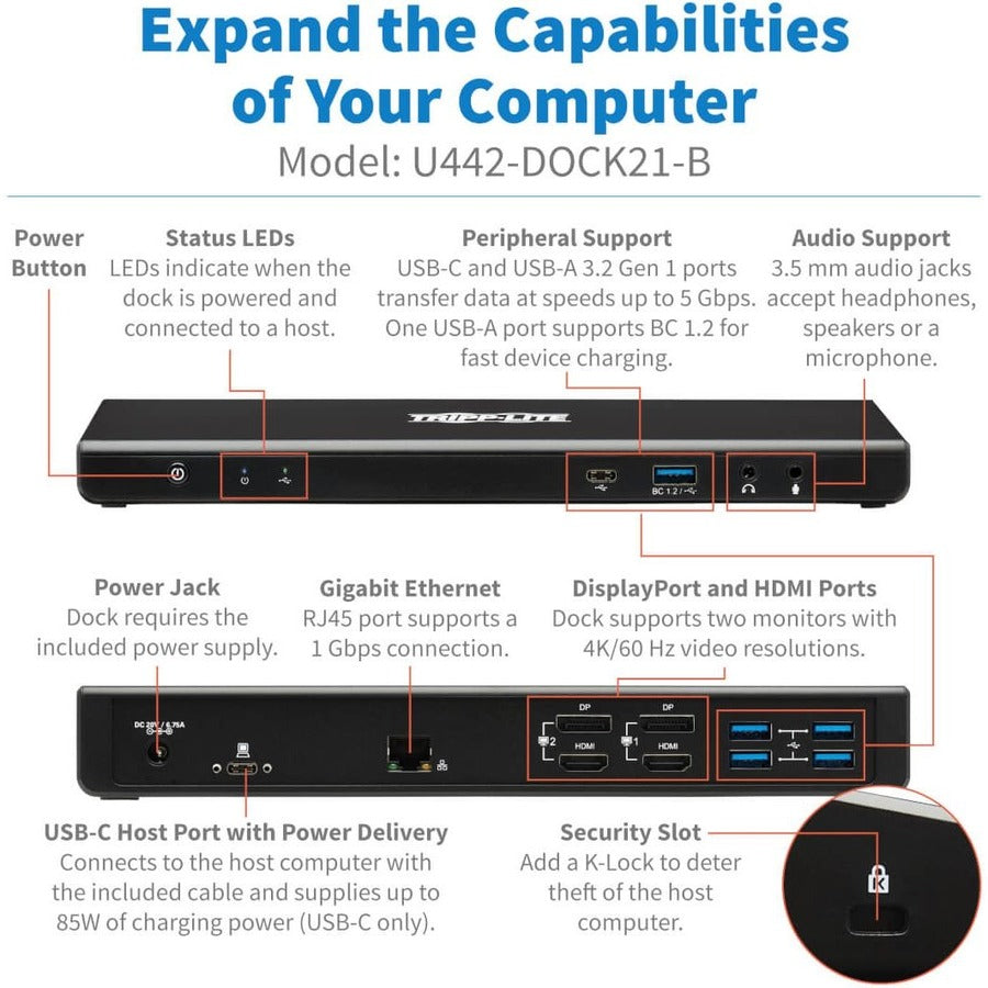 Tripp Lite by Eaton USB-C Dock, Dual Display - 5K 60 Hz DP, 4K 60 Hz HDMI, USB 3.x (5Gbps), USB-A/C Hub, GbE, 85W PD Charging U442-DOCK21-B