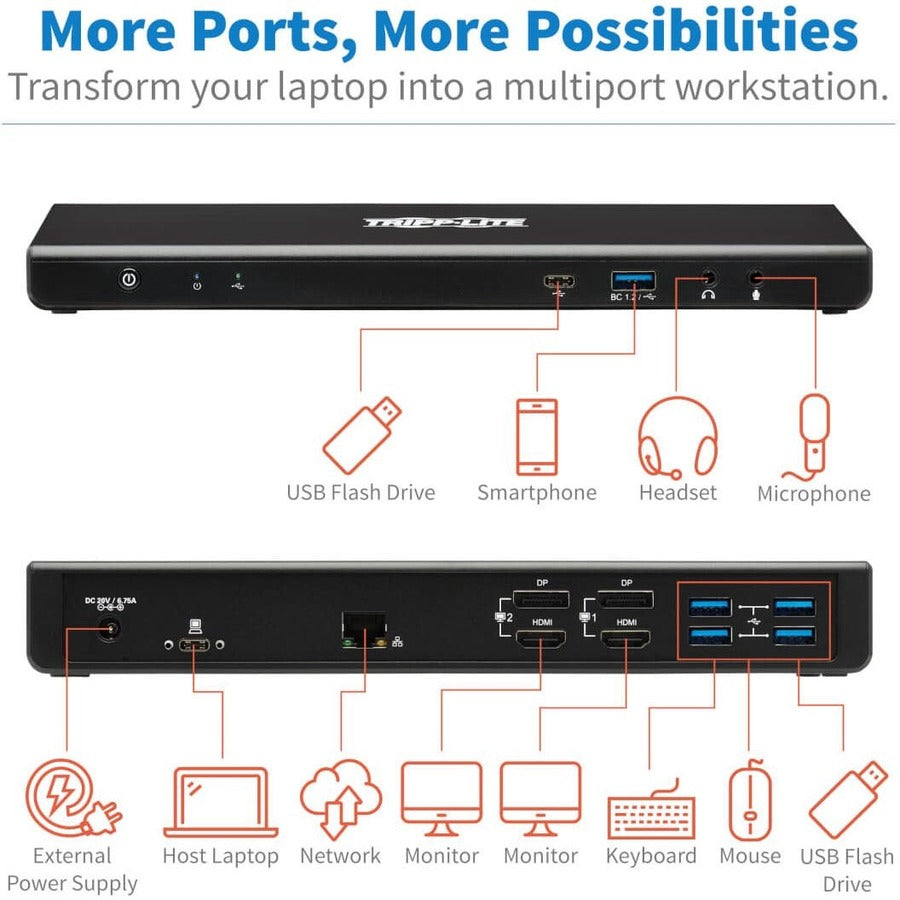 Tripp Lite by Eaton USB-C Dock, Dual Display - 5K 60 Hz DP, 4K 60 Hz HDMI, USB 3.x (5Gbps), USB-A/C Hub, GbE, 85W PD Charging U442-DOCK21-B