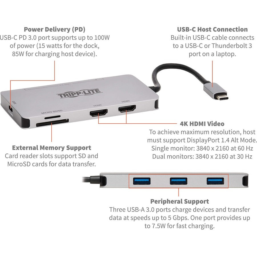 Tripp Lite by Eaton USB-C Dock, Dual Display - 4K 60 Hz HDMI, USB 3.x (5Gbps) Hub Ports, Memory Card, 100W PD Charging, Gray U442-DOCK8-GG