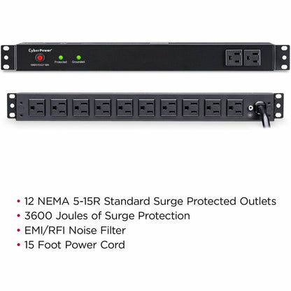 CyberPower Rackbar Surge Suppressor RM 1U RKBS15S2F10R 15A 12-Outlet RKBS15S2F10R