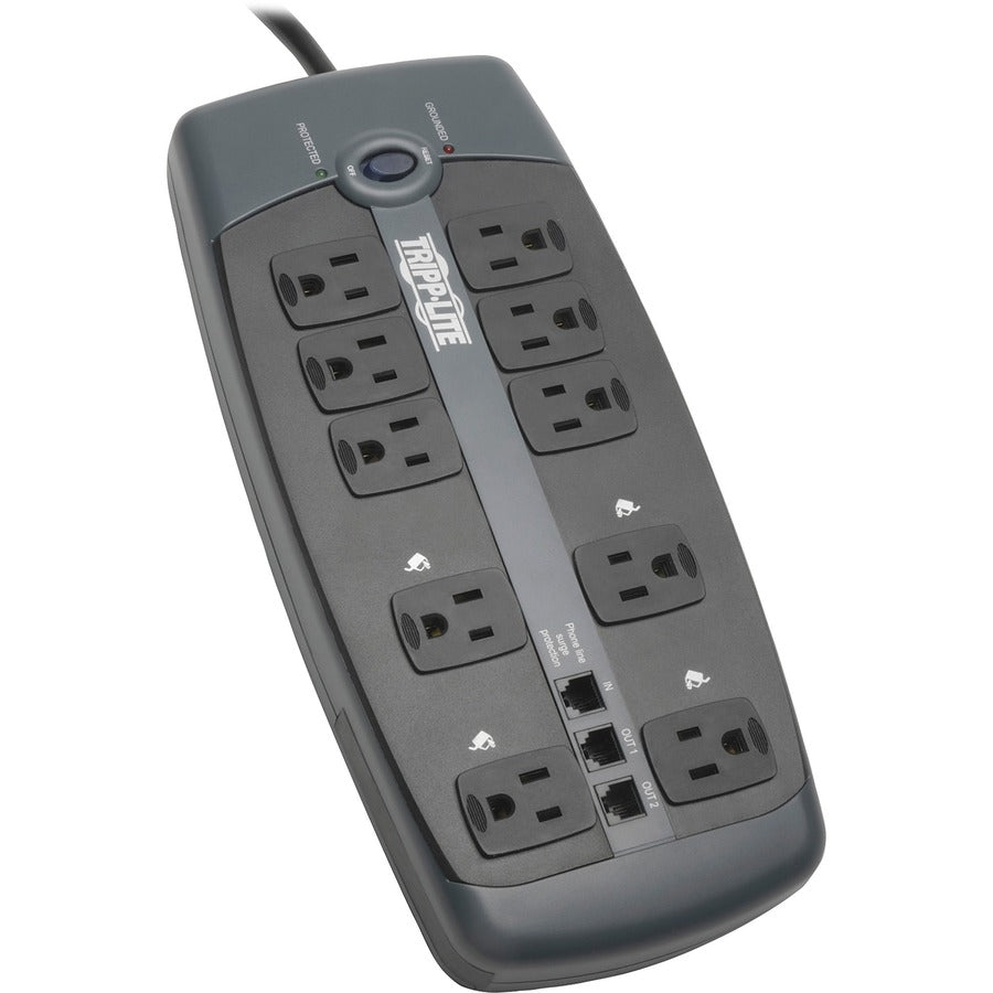 Tripp Lite by Eaton Protect It! 10-Outlet Surge Protector, 8 ft. (2.43 m) Cord with Right-Angle Plug, 2395 Joules, Tel/DSL Protection, Black Housing TLP1008TEL