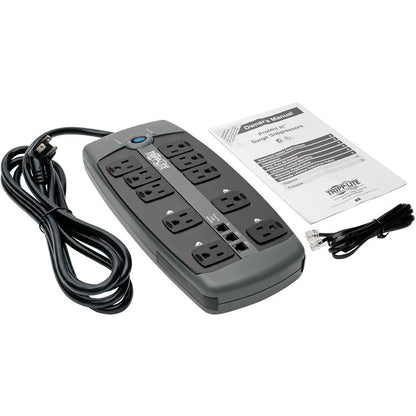 Tripp Lite by Eaton Protect It! 10-Outlet Surge Protector, 8 ft. (2.43 m) Cord with Right-Angle Plug, 2395 Joules, Tel/DSL Protection, Black Housing TLP1008TEL