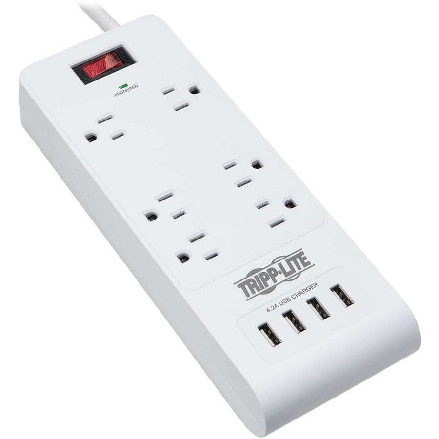 Tripp Lite by Eaton 6-Outlet Surge Protector with 4 USB Ports (4.2A Shared) - 15 ft. (4.57 m) Cord, 5-15P Plug, 900 Joules, White TLP64USBRA15