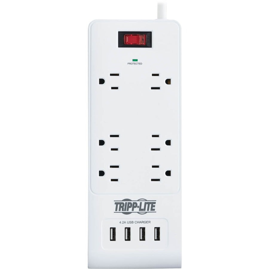 Tripp Lite by Eaton 6-Outlet Surge Protector with 4 USB Ports (4.2A Shared) - 15 ft. (4.57 m) Cord, 5-15P Plug, 900 Joules, White TLP64USBRA15