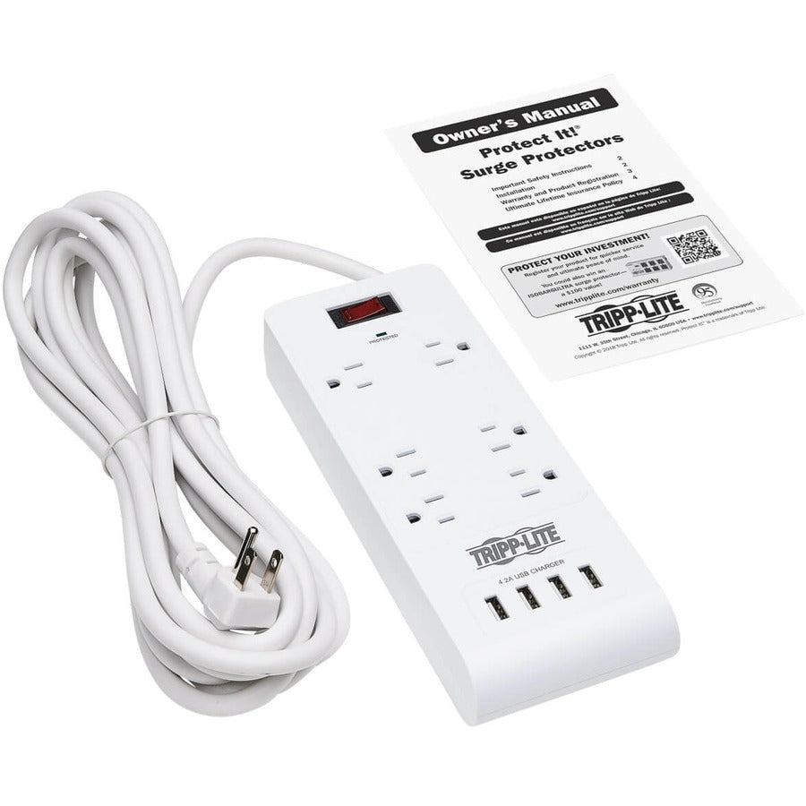 Tripp Lite by Eaton 6-Outlet Surge Protector with 4 USB Ports (4.2A Shared) - 15 ft. (4.57 m) Cord, 5-15P Plug, 900 Joules, White TLP64USBRA15