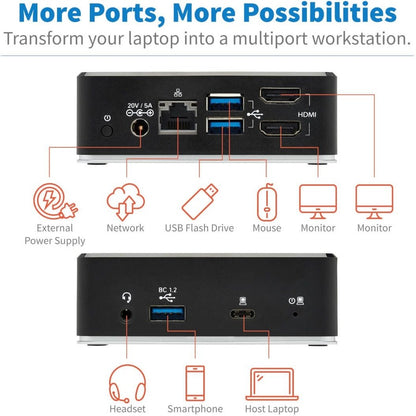 Tripp Lite by Eaton USB-C Dock, Dual Display - Dual HDMI, USB 3.x (5Gbps) Hub, GbE, 3.5 mm, 85W PD Charging U442-DOCK20-B