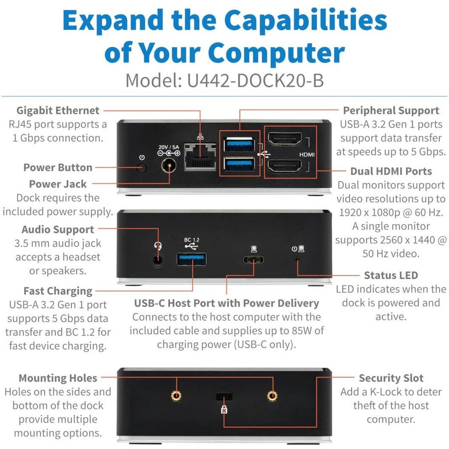 Tripp Lite by Eaton USB-C Dock, Dual Display - Dual HDMI, USB 3.x (5Gbps) Hub, GbE, 3.5 mm, 85W PD Charging U442-DOCK20-B