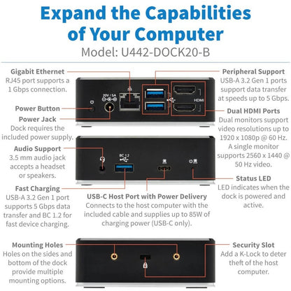 Tripp Lite by Eaton USB-C Dock, Dual Display - Dual HDMI, USB 3.x (5Gbps) Hub, GbE, 3.5 mm, 85W PD Charging U442-DOCK20-B