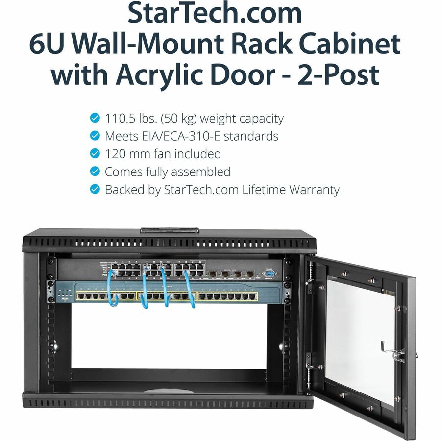 StarTech.com 2-Post 6U Wall Mount Network Cabinet w/ Acrylic Door, 19" Small Wall-Mounted Server Rack for Data / Computer Equipment, TAA RK619WALL