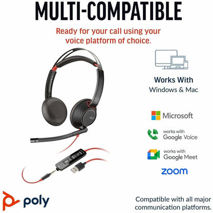 Poly Blackwire 5220 Stereo USB-C Headset + 3.5mm Plug + USB-C/A Adapter 8X231AA