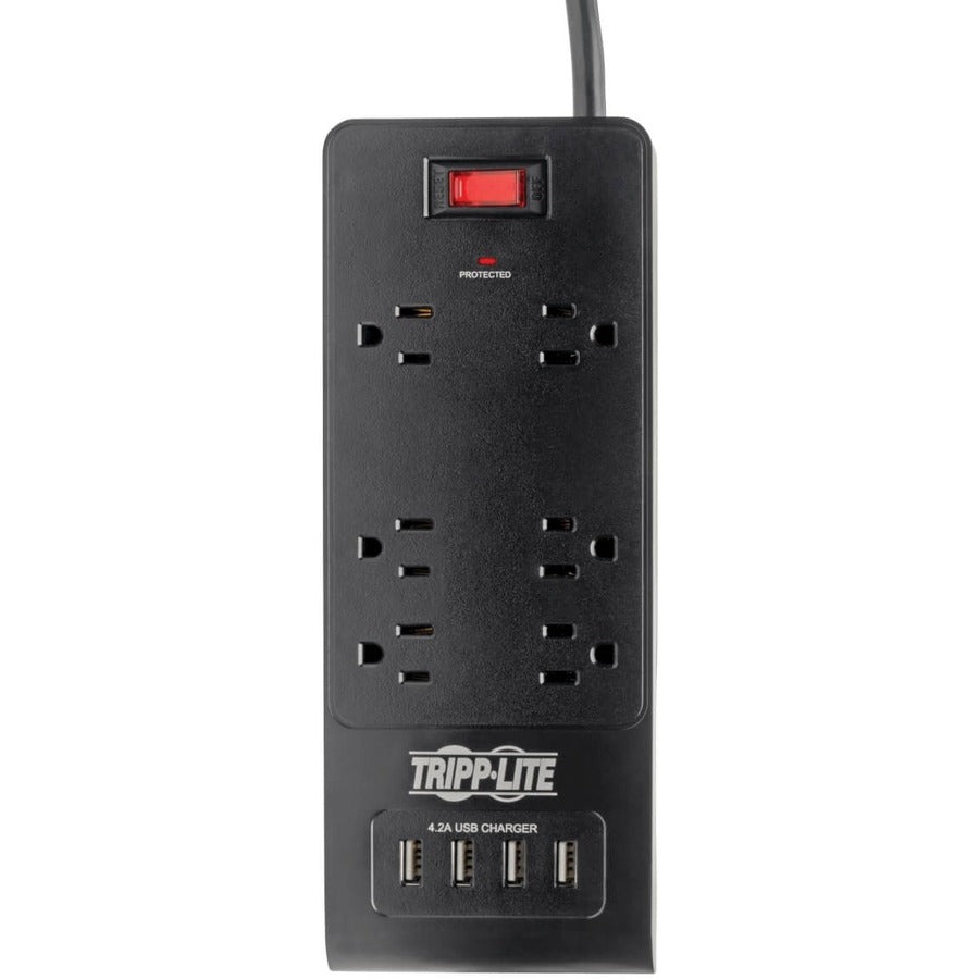 Tripp Lite Surge Protector Power Strip 6-Outlets 4 USB Ports 6ft Cord Black - 6 x NEMA 5-15R, 4 x USB - 1875 VA - 900 J - 120 V AC Input TLP664USBB