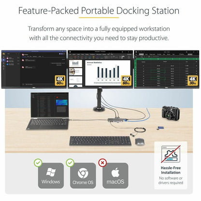 StarTech.com USB-C Triple-Monitor Multiport Adapter, Dual 4K 60Hz + 4K 30Hz HDMI & DP, 4x USB-A, 100W PD Pass-Through, GbE, SD Card Reader 154B-USBC-MULTIPORT