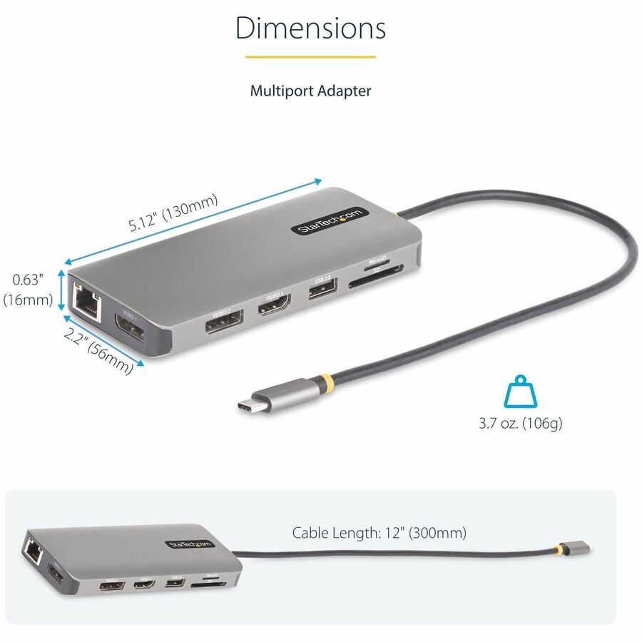 StarTech.com USB-C Triple-Monitor Multiport Adapter, Dual 4K 60Hz + 4K 30Hz HDMI & DP, 4x USB-A, 100W PD Pass-Through, GbE, SD Card Reader 154B-USBC-MULTIPORT