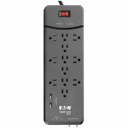 Tripp Lite Surge Protector Power Strip 12 Outlets, 2 USB Charging Ports Tel/Modem/Coax - 12 x NEMA 5-15R, 2 x USB - 1800 VA - 4320 J - 120 V AC Input - Phone/Fax/Modem/DSL, Coaxial Cable Line TLP128TTUSBB