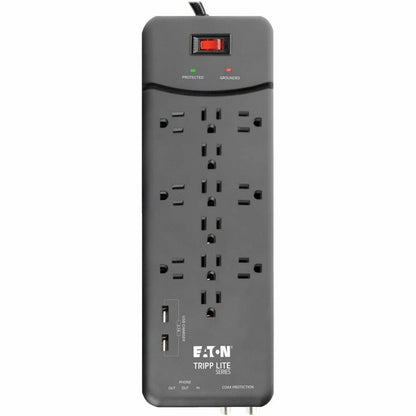 Tripp Lite Surge Protector Power Strip 12 Outlets, 2 USB Charging Ports Tel/Modem/Coax - 12 x NEMA 5-15R, 2 x USB - 1800 VA - 4320 J - 120 V AC Input - Phone/Fax/Modem/DSL, Coaxial Cable Line TLP128TTUSBB