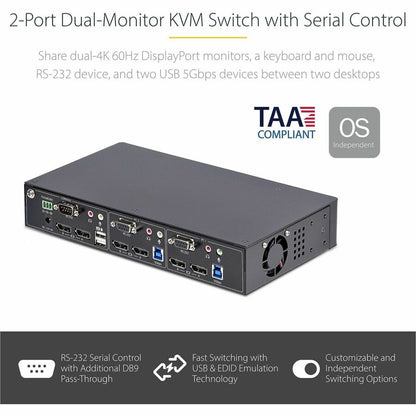 StarTech.com 2-Port Dual-Monitor DisplayPort KVM Switch, RS232 Serial Control, 4K 60Hz, 2x USB 5Gbps Hub Ports, TAA Compliant P2DD46A22-KVM-SWITCH